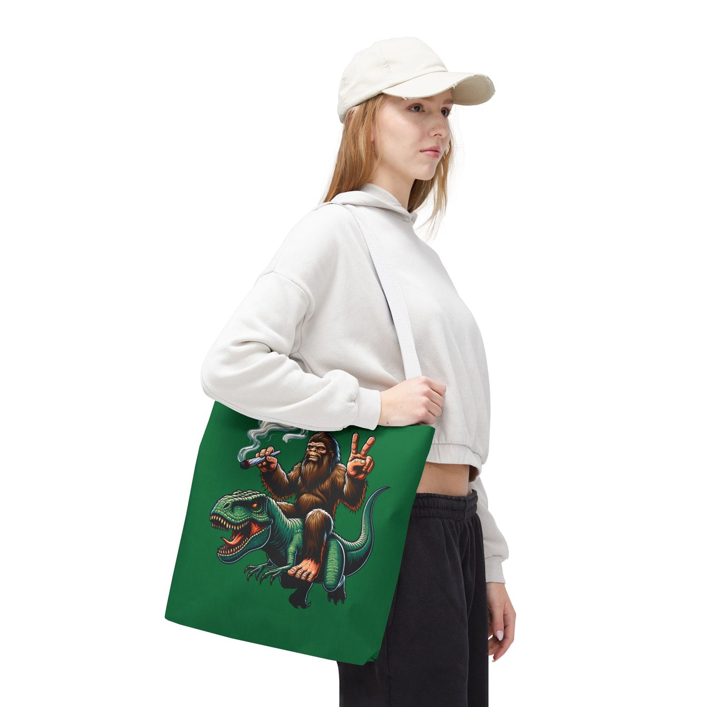 Tote Bag - Bigfoot Riding a T Rex Peace Sign 420 Design