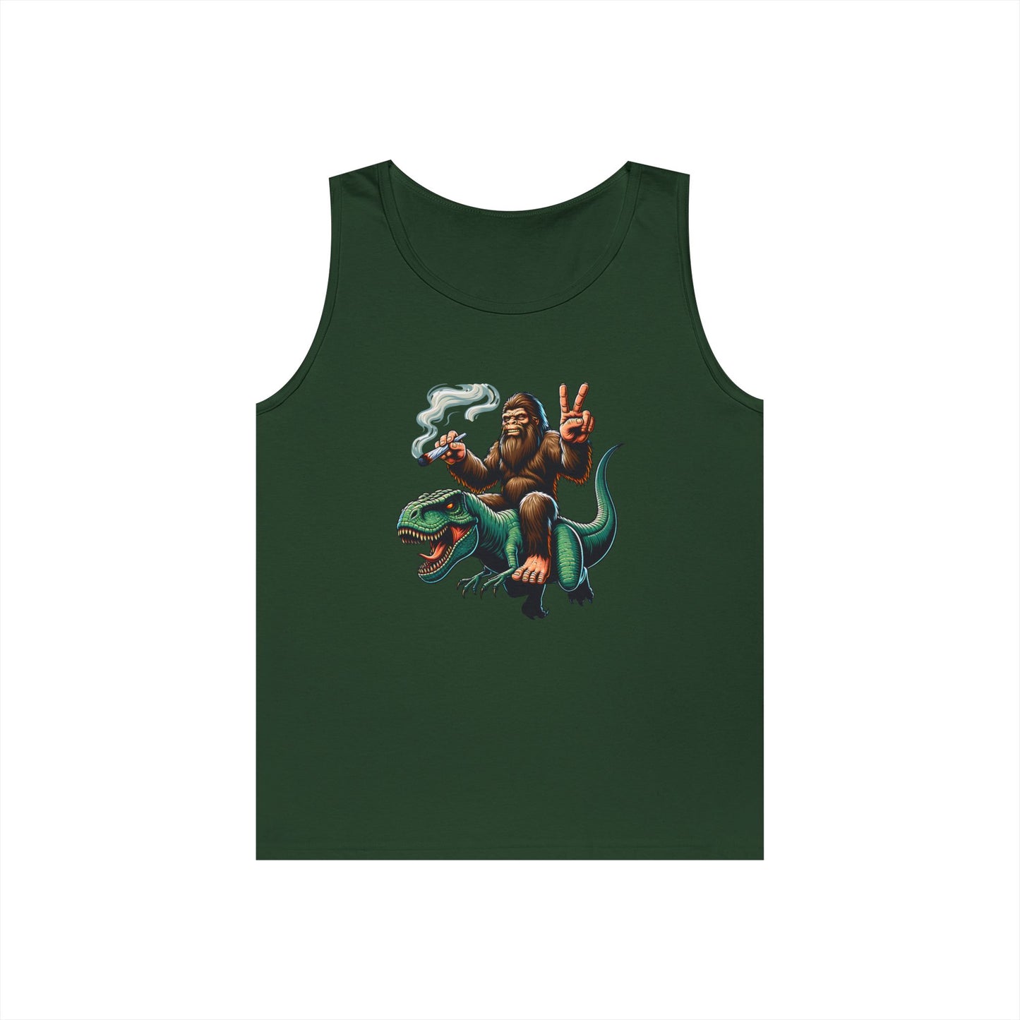 Bigfoot Riding T Rex Tank Top - 420 Peace Sign Design
