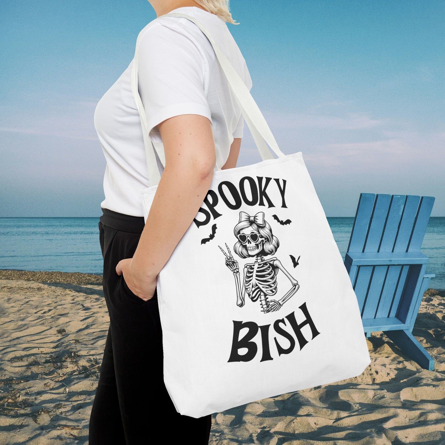 Spooky Bish Skeleton With Sunglasses and Peace Sign Gothic Horror Fun Beach Lunch Carry Tote Bag (AOP)