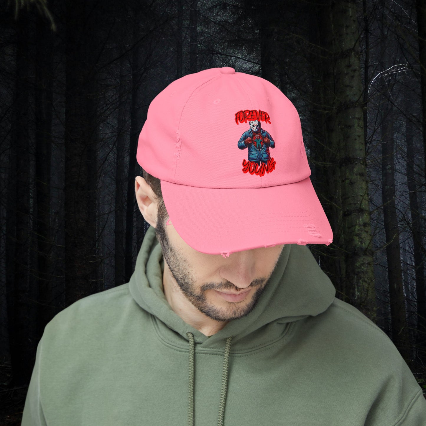 Forever Young Jason With The Mask On Voorhees Friday Horror Fun Unisex Distressed Cap Baseball Hat