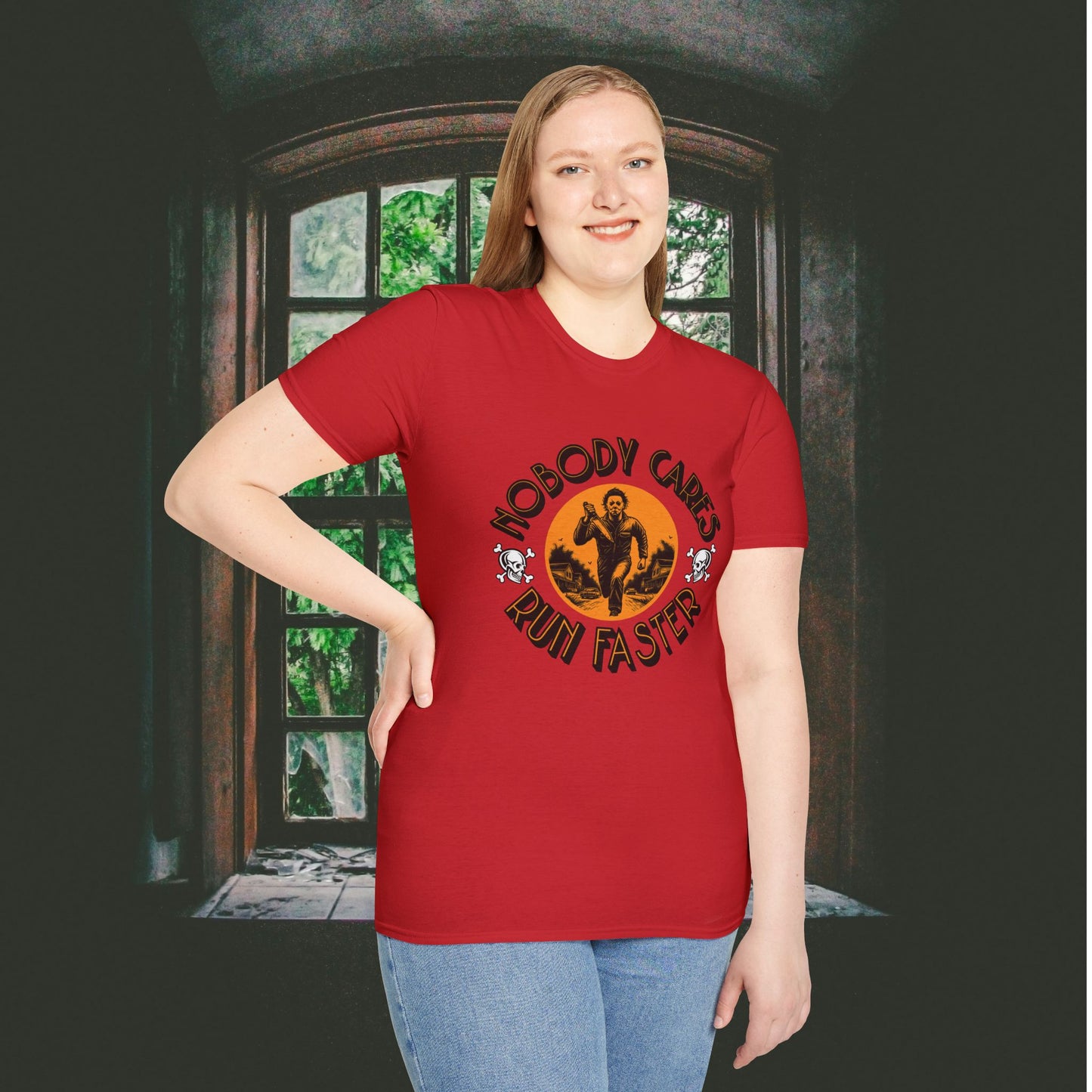 Nobody Cares Run Faster - Michael Running Myers on Halloween Horror Fun with Skulls Shirt - Unisex Softstyle T-Shirt