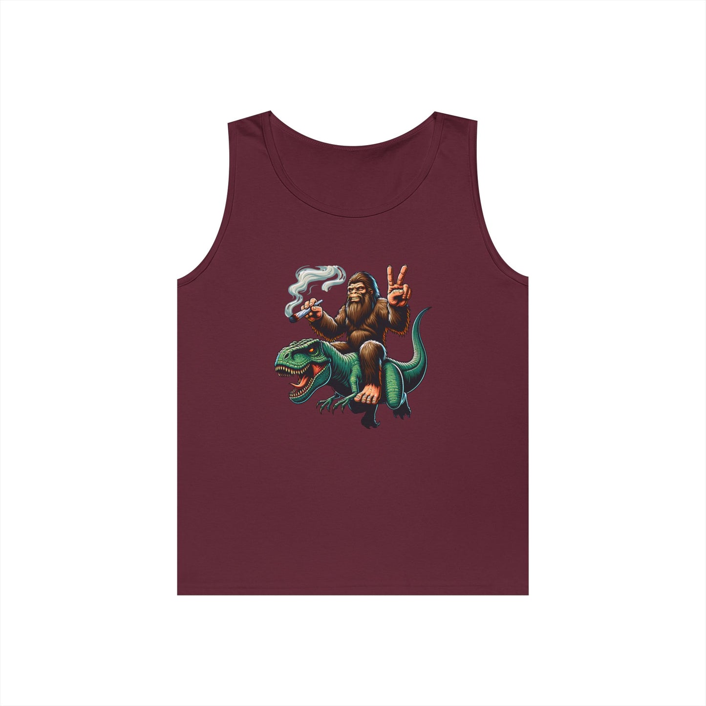 Bigfoot Riding T Rex Tank Top - 420 Peace Sign Design