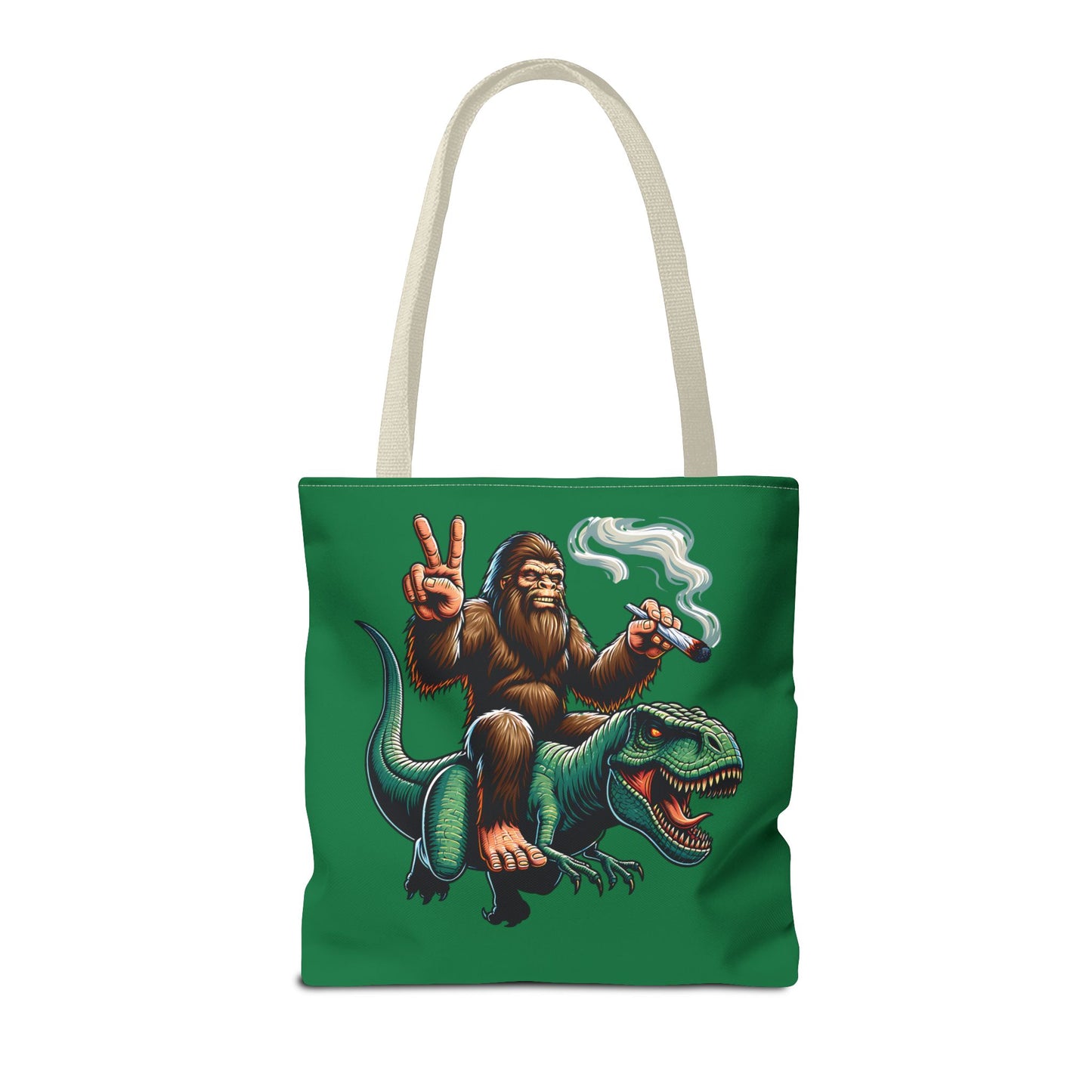 Tote Bag - Bigfoot Riding a T Rex Peace Sign 420 Design