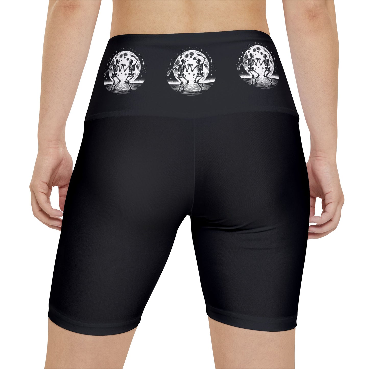 Gothic Party Women's Shorts with Skeletons Dancing under a Full Moon