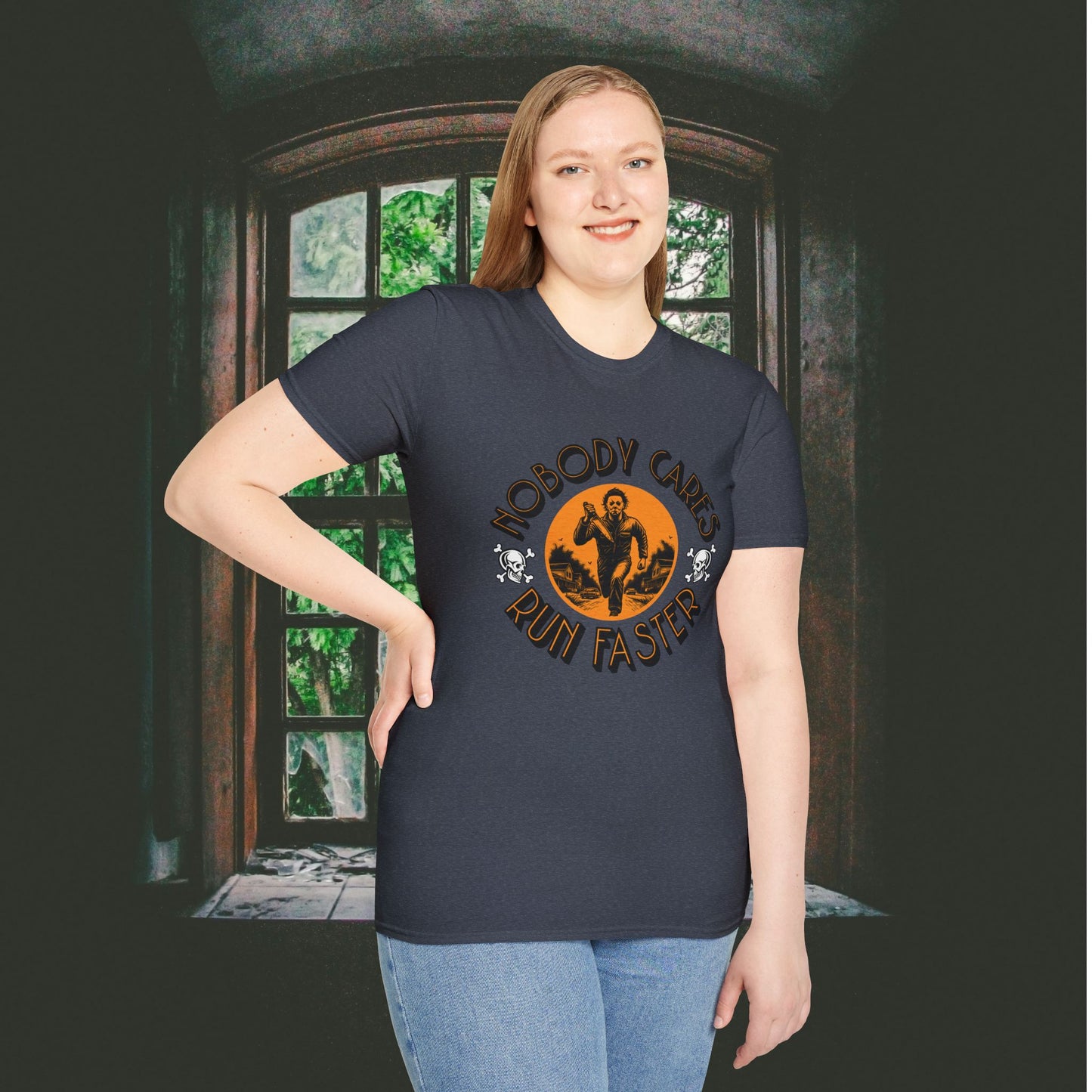 Nobody Cares Run Faster - Michael Running Myers on Halloween Horror Fun with Skulls Shirt - Unisex Softstyle T-Shirt