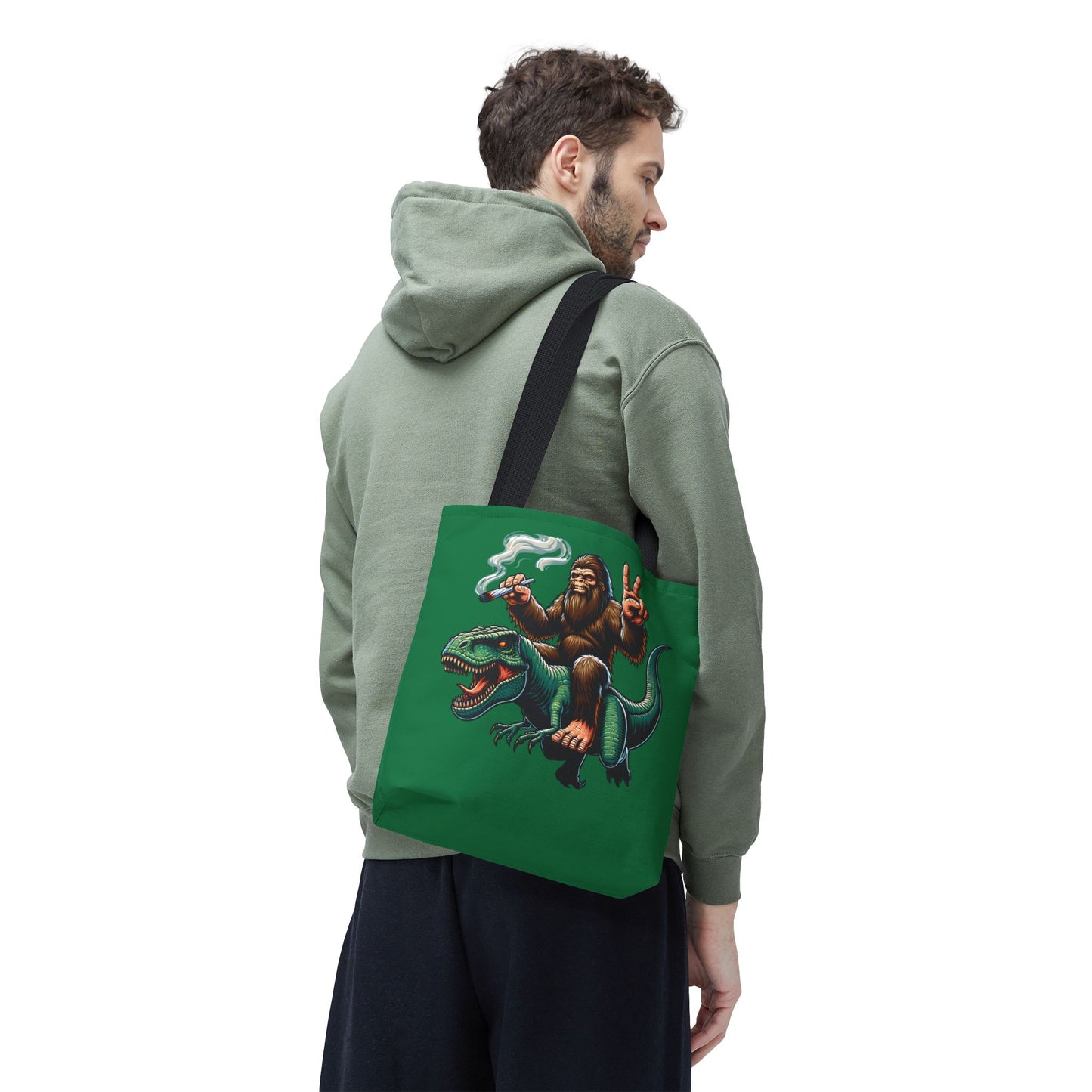 Tote Bag - Bigfoot Riding a T Rex Peace Sign 420 Design