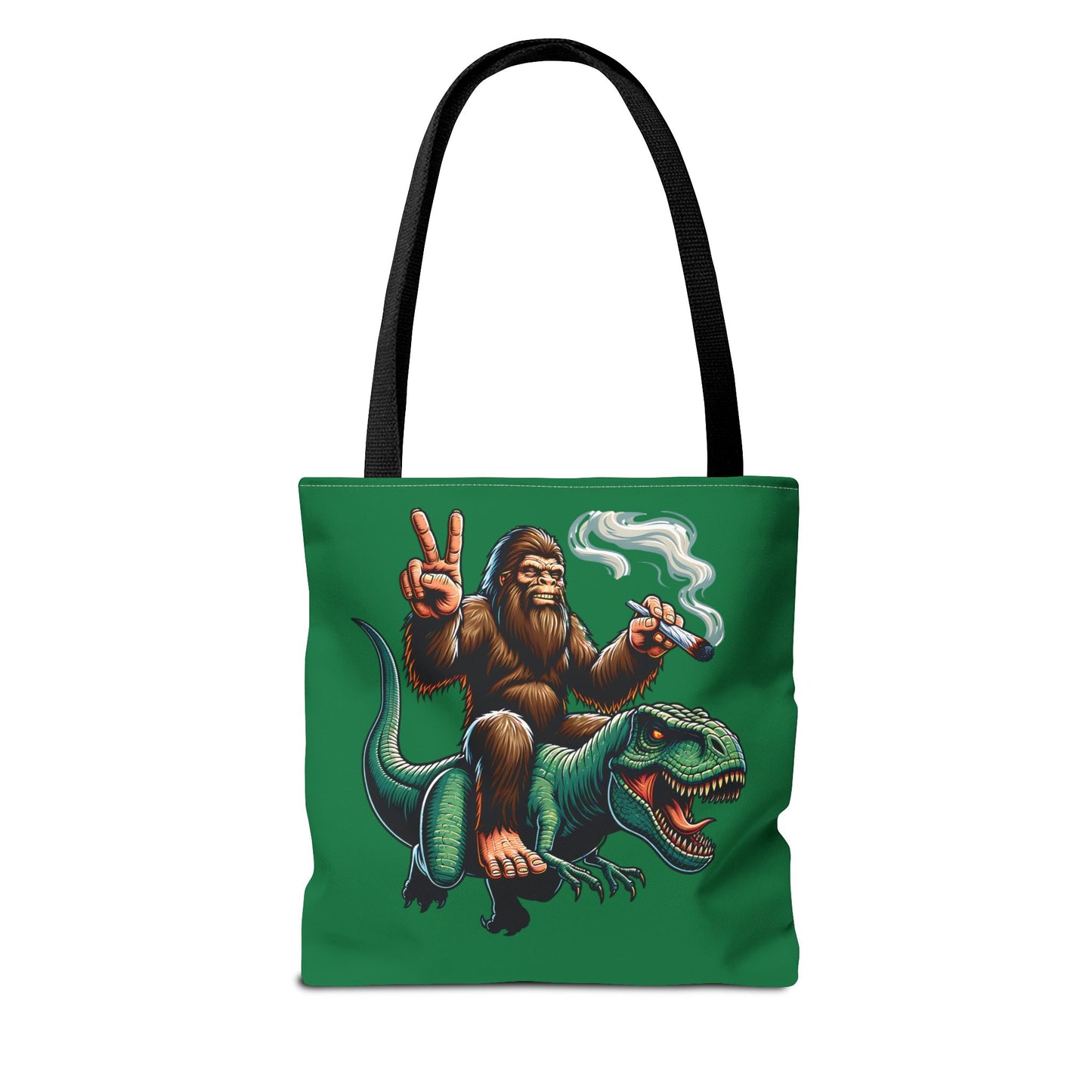Tote Bag - Bigfoot Riding a T Rex Peace Sign 420 Design