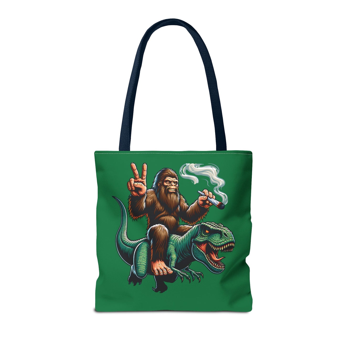 Tote Bag - Bigfoot Riding a T Rex Peace Sign 420 Design