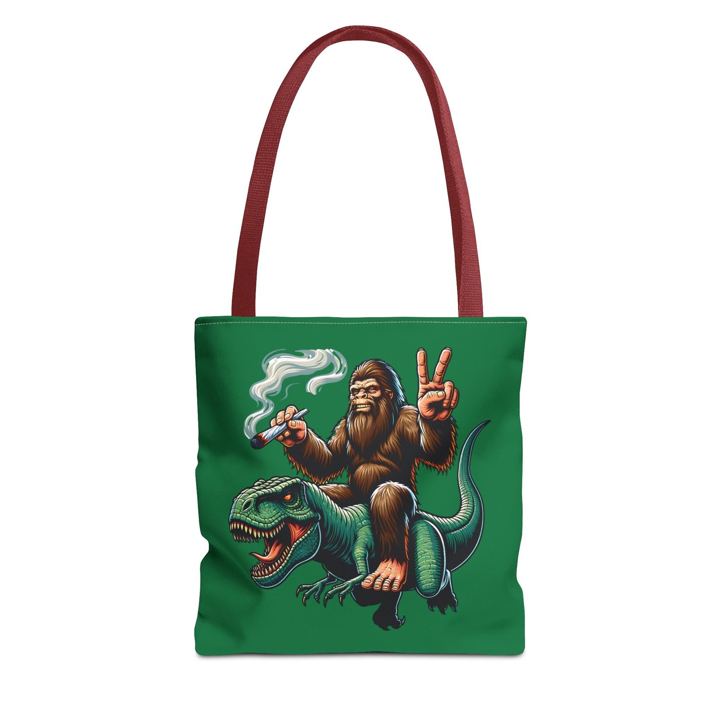 Tote Bag - Bigfoot Riding a T Rex Peace Sign 420 Design