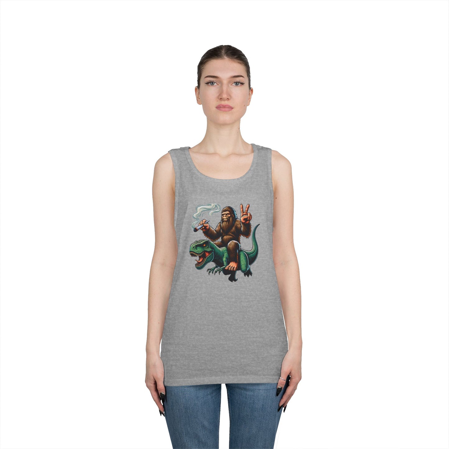 Bigfoot Riding T Rex Tank Top - 420 Peace Sign Design