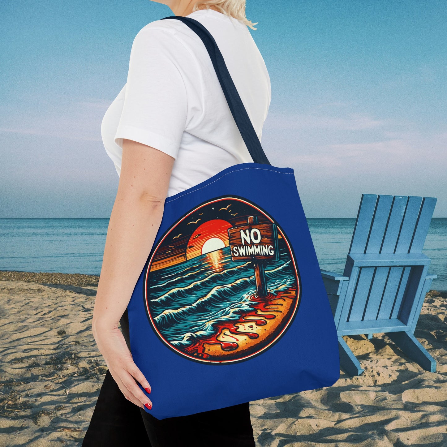 No Swimming Bloody Beach Tote Bag (AOP) Horror Fun Travel Swimming Vacation