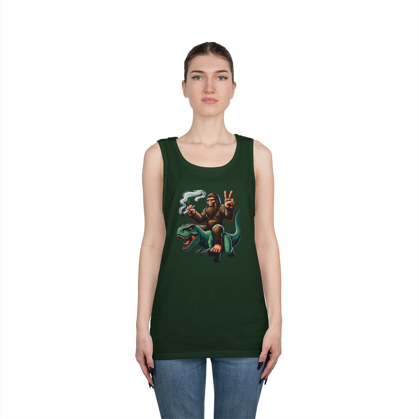 Bigfoot Riding T Rex Tank Top - 420 Peace Sign Design