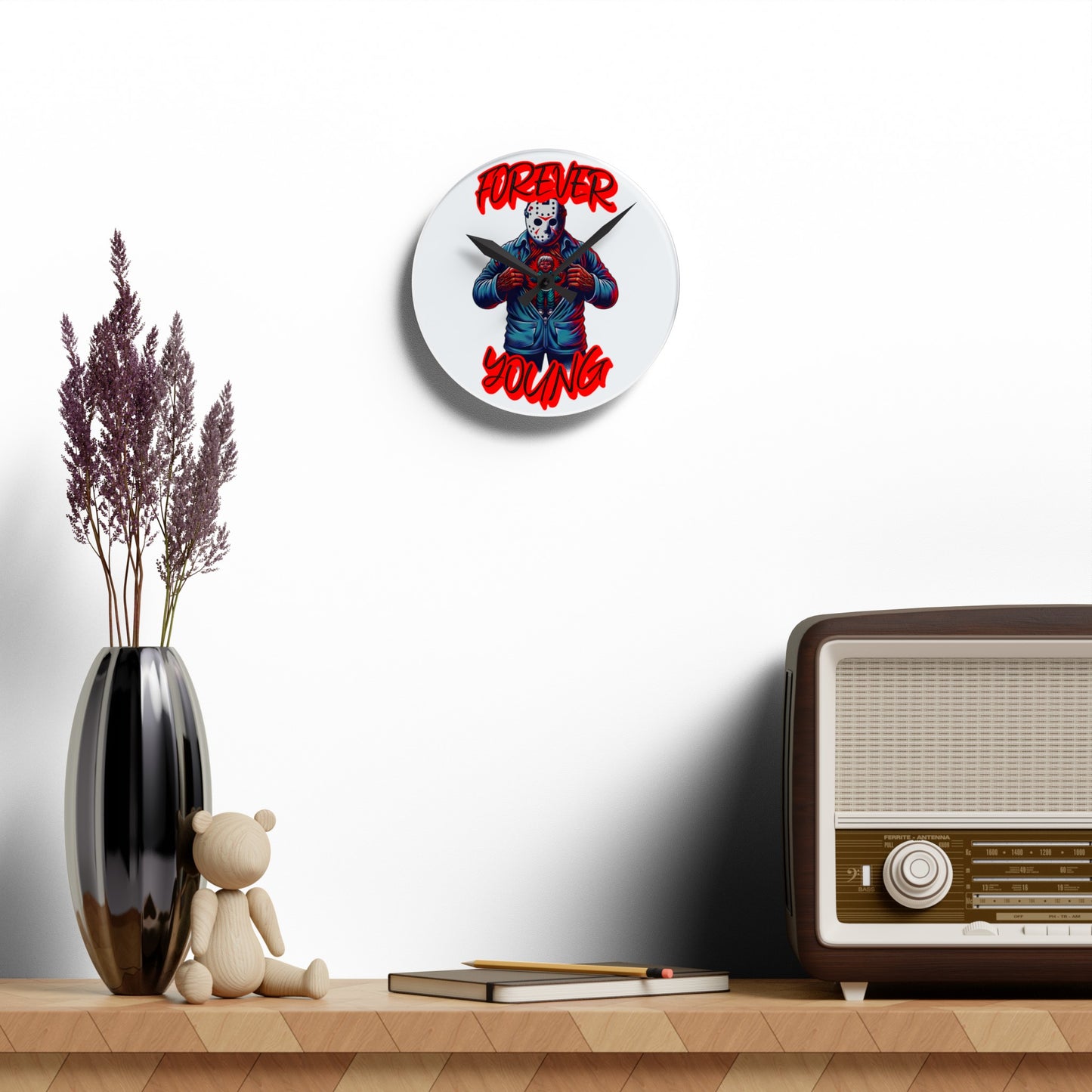 Horrorvational Forever Young Friday Jason Opening His Top to His Young Self Voorhees 13th Horror Fun Acrylic Wall Hanging Clock
