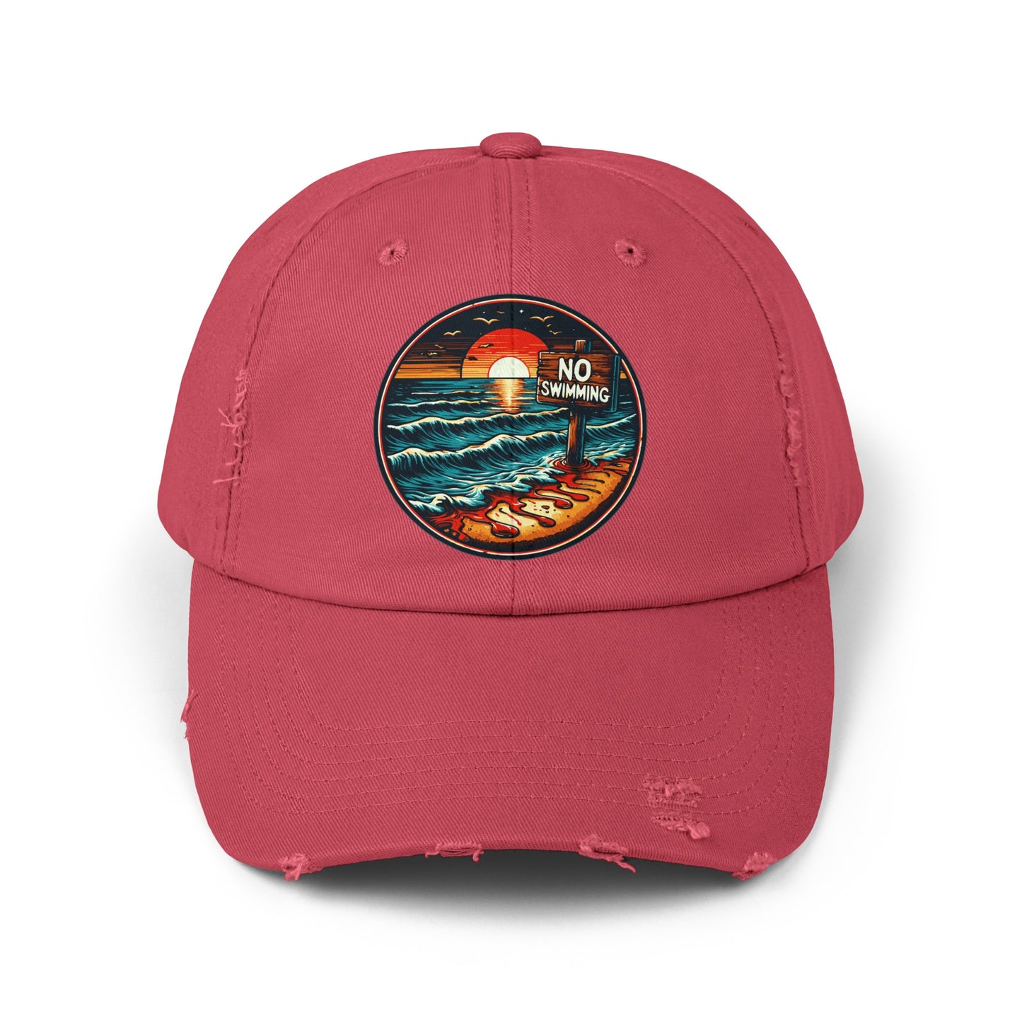 No Swimming Bloody Beach Unisex Distressed Cap Horror Fun Hat Dark Humor