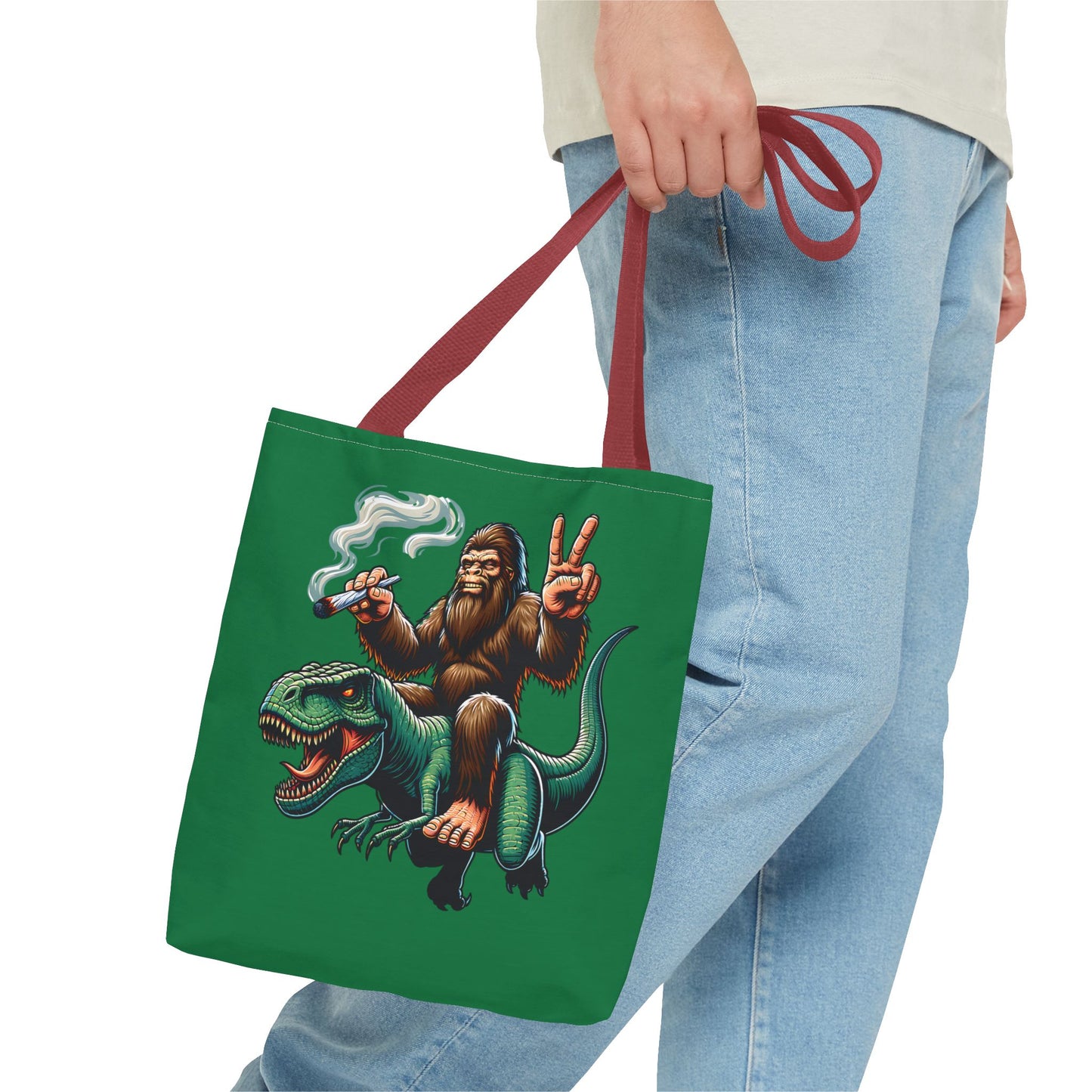 Tote Bag - Bigfoot Riding a T Rex Peace Sign 420 Design