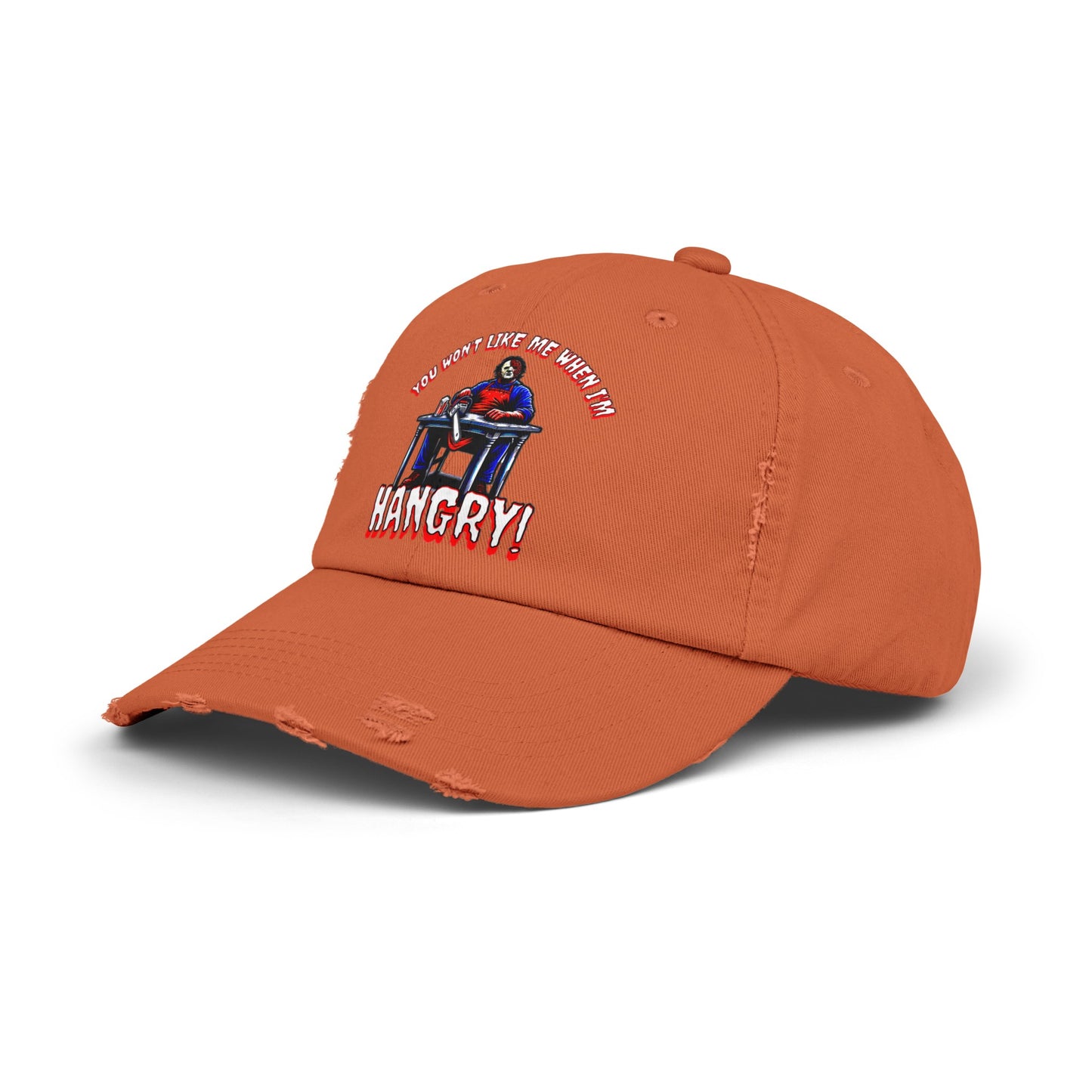 You Won't Like Me When I'm Hangry Leather Chainsaw Guy Cannibal Horror Fun Hat Unisex Distressed Cap