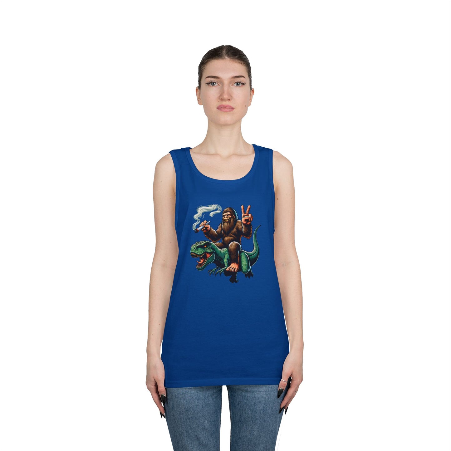 Bigfoot Riding T Rex Tank Top - 420 Peace Sign Design