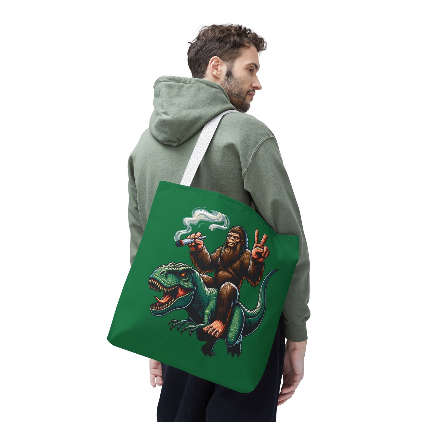 Tote Bag - Bigfoot Riding a T Rex Peace Sign 420 Design