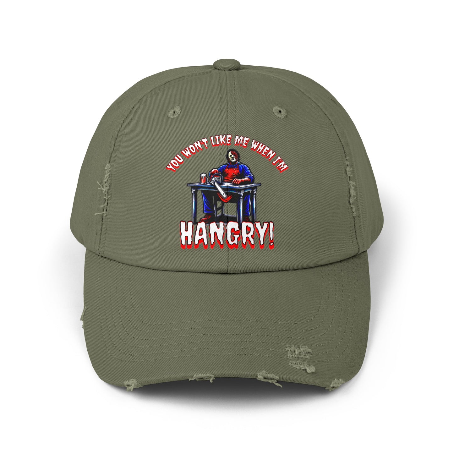 You Won't Like Me When I'm Hangry Leather Chainsaw Guy Cannibal Horror Fun Hat Unisex Distressed Cap