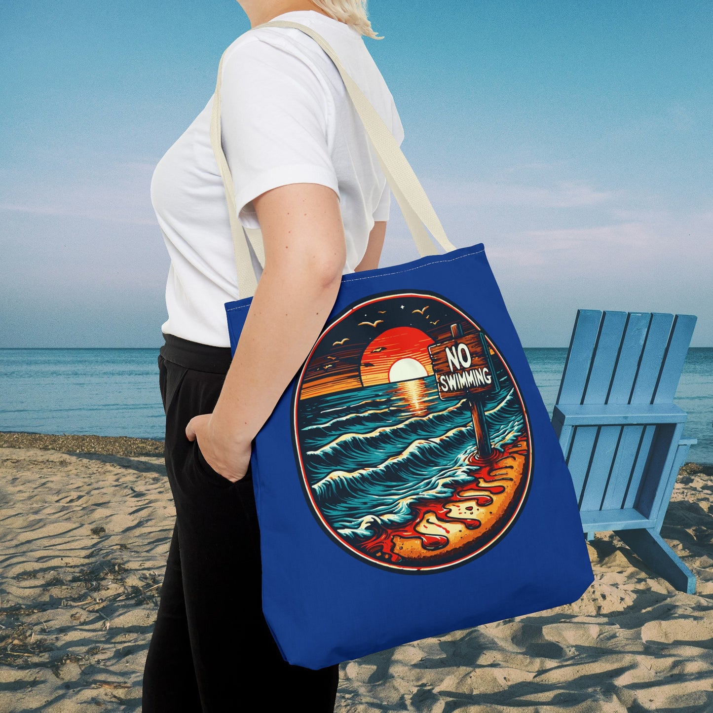No Swimming Bloody Beach Tote Bag (AOP) Horror Fun Travel Swimming Vacation