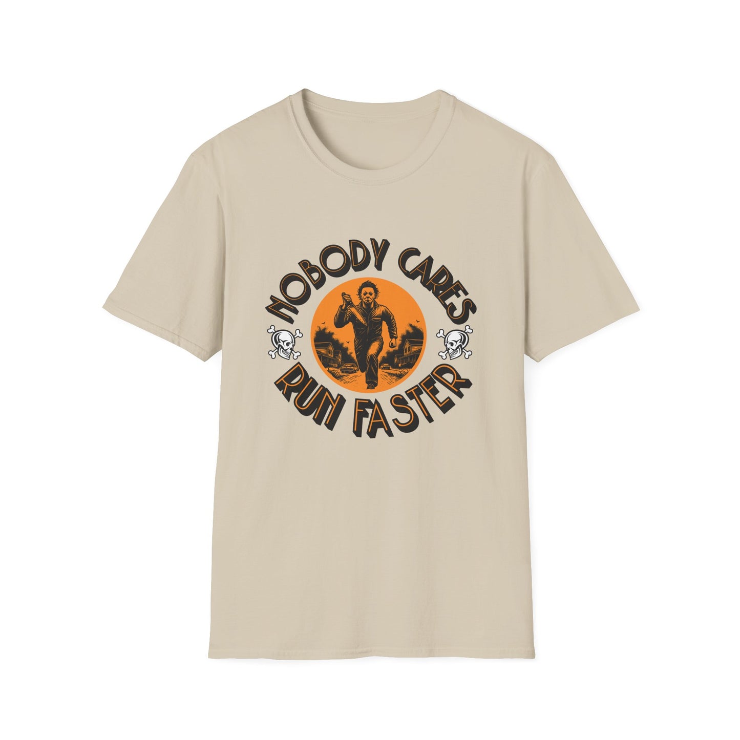 Nobody Cares Run Faster - Michael Running Myers on Halloween Horror Fun with Skulls Shirt - Unisex Softstyle T-Shirt