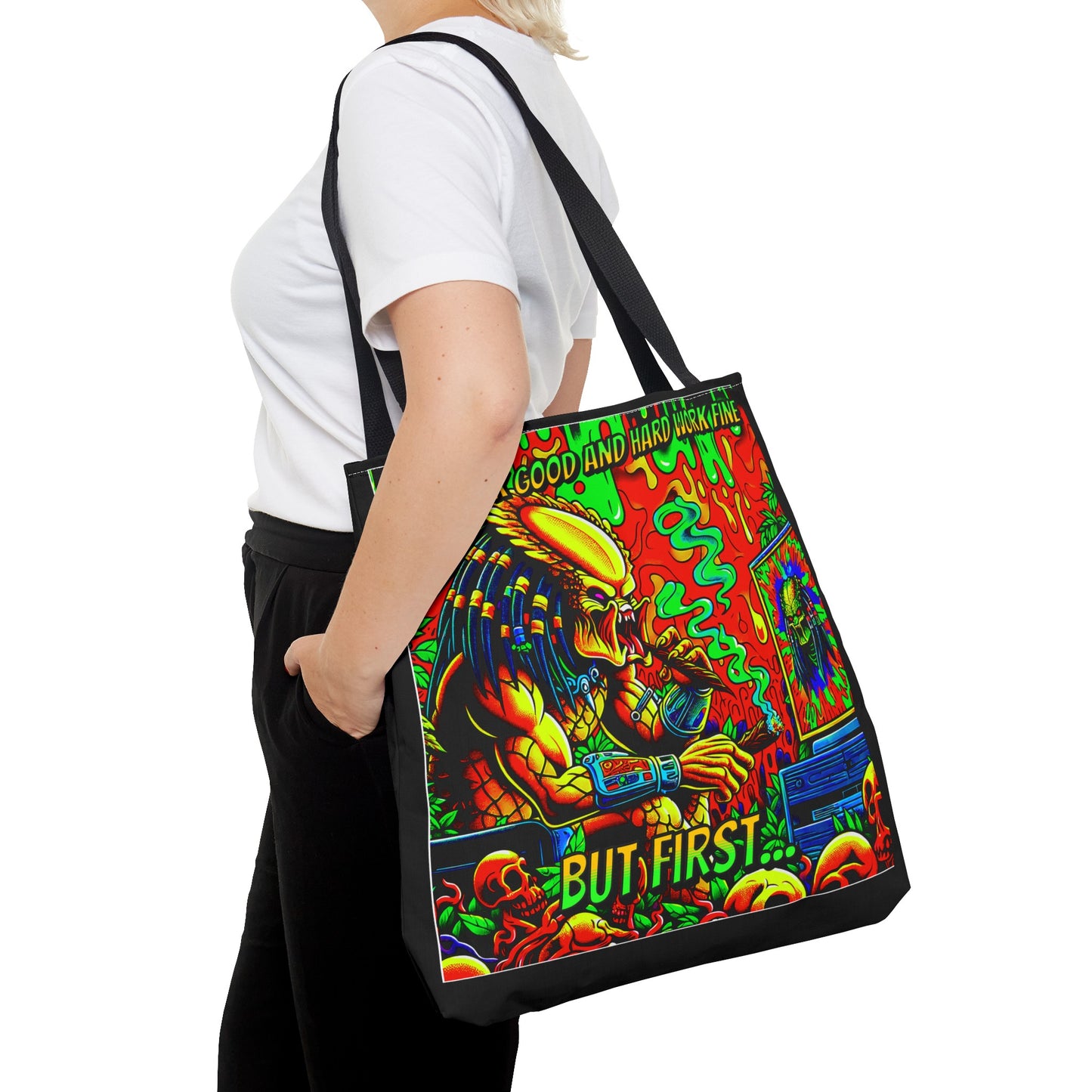 Horradelic Hard Work Good Hard Work Fine Predator Blunt Smoking Horror Fun Travel Carry Tote Bag (AOP)