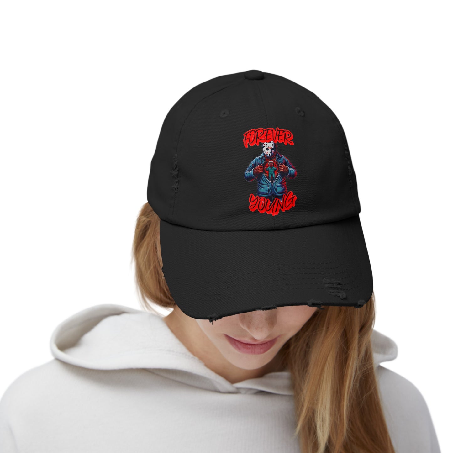 Forever Young Jason With The Mask On Voorhees Friday Horror Fun Unisex Distressed Cap Baseball Hat