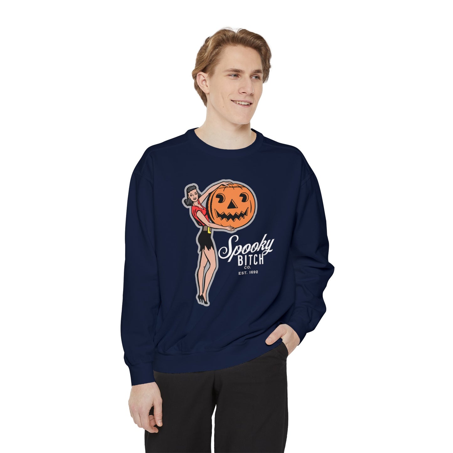 Spooky B!tch Co - Salem Witch 1692 Halloween Pumpkin Funny Retro-Style Gothic Sweatshirt - Unisex Garment-Dyed Sweatshirt