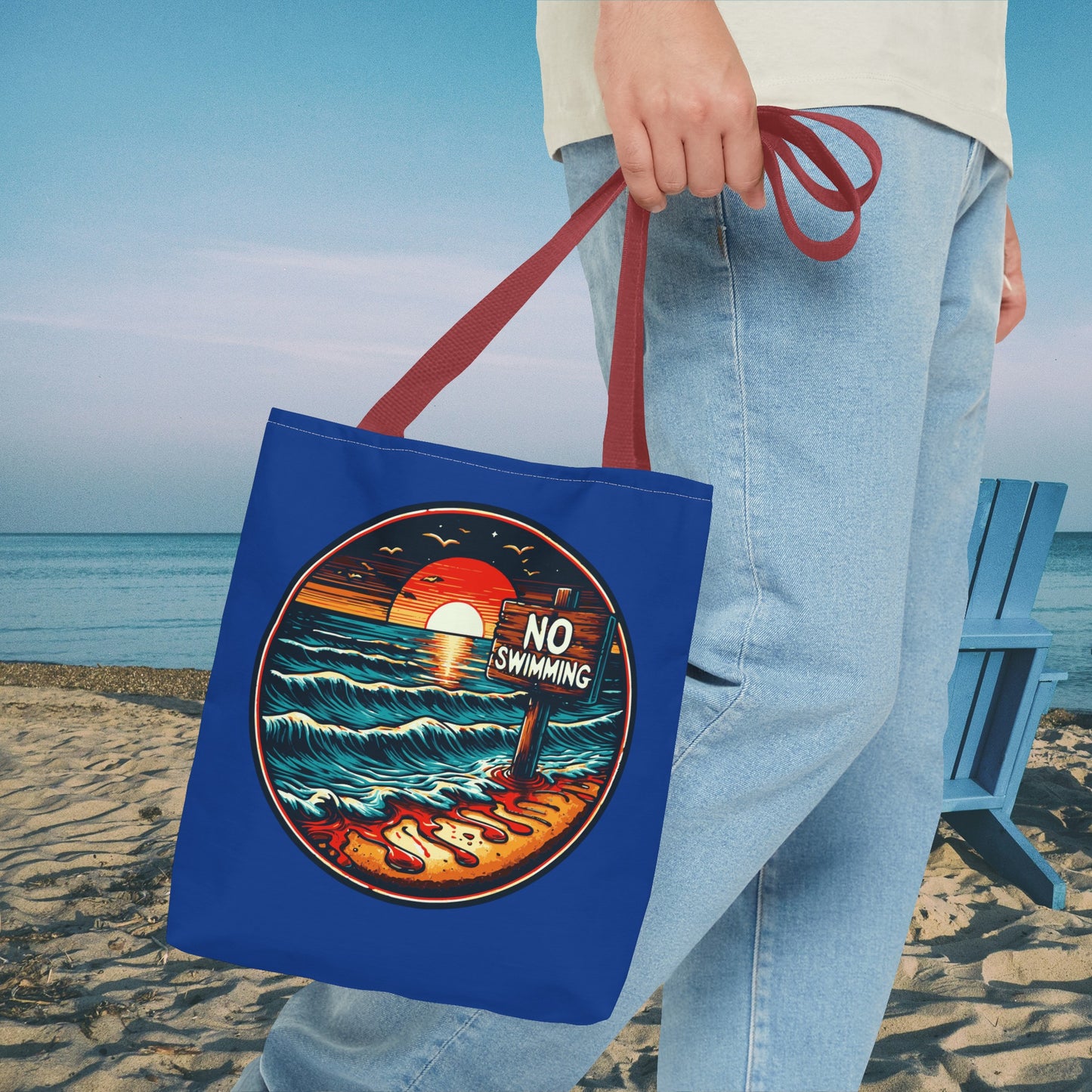 No Swimming Bloody Beach Tote Bag (AOP) Horror Fun Travel Swimming Vacation