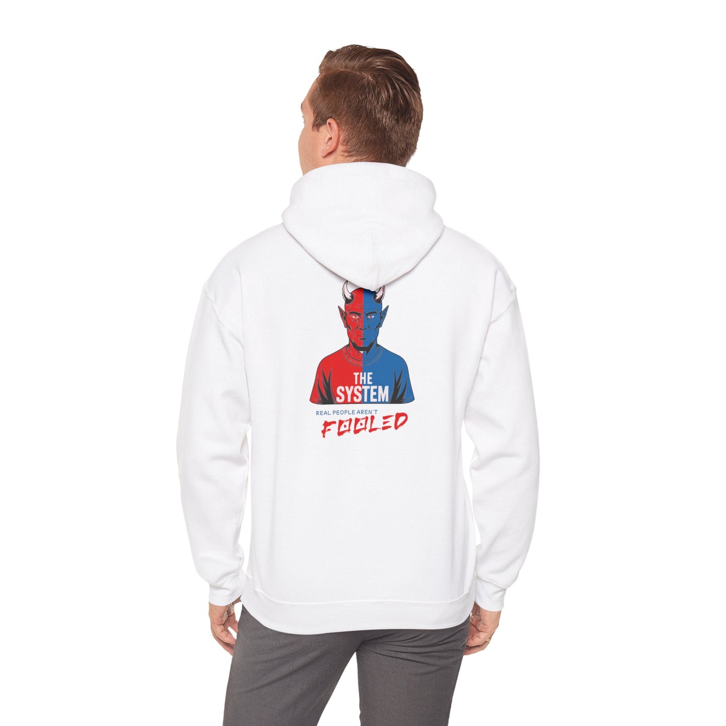 Hooded Sweatshirt - The System - Real People Arent Fooled Red Blue Design