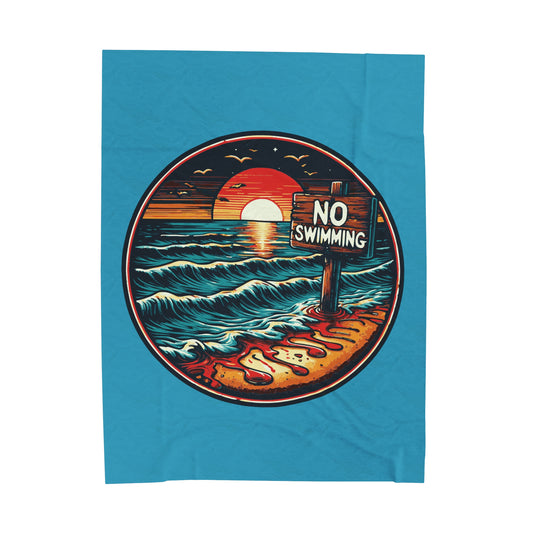 No Swimming Bloody Beach Horror Fun Velveteen Plush Throw Blanket Scary Ocean Shark Jaws