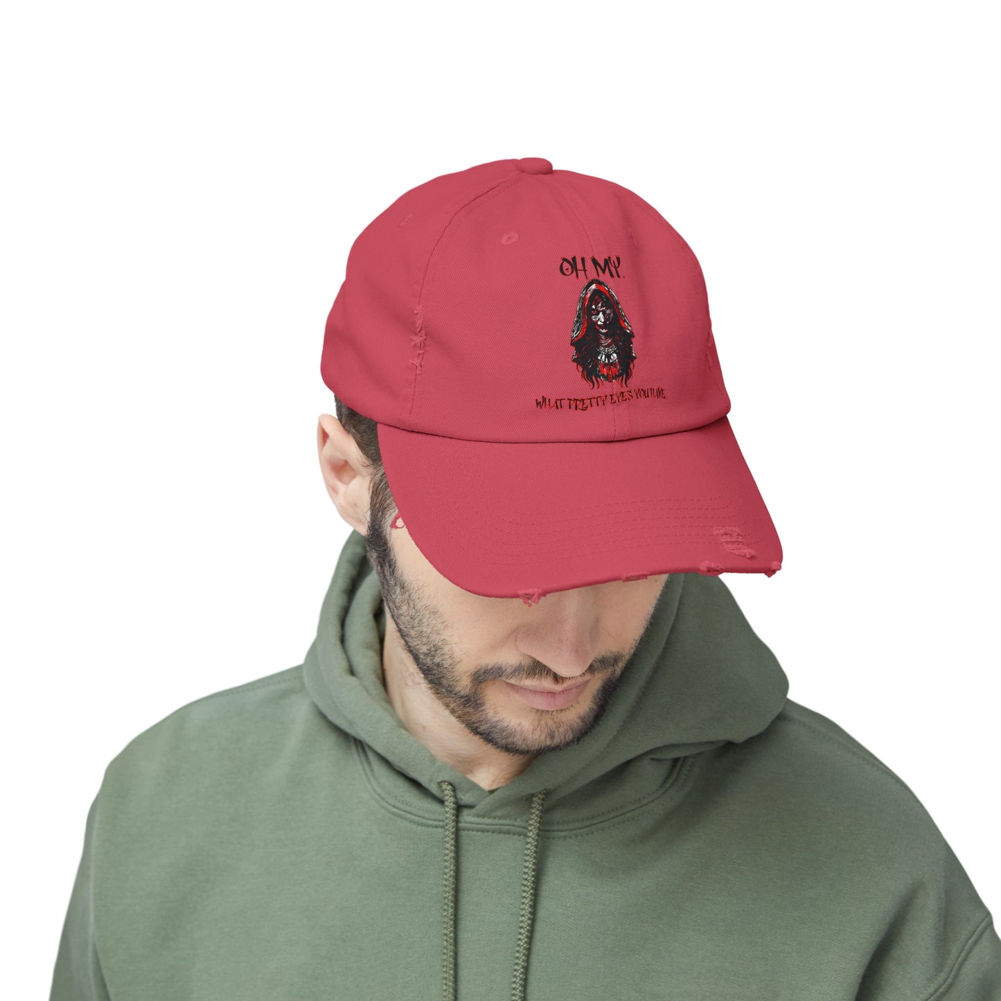Creepy Little Red Riding Hood Inspired Scary Witch Oh My, What Pretty Eyes You Have Horror Hat Unisex Distressed Cap
