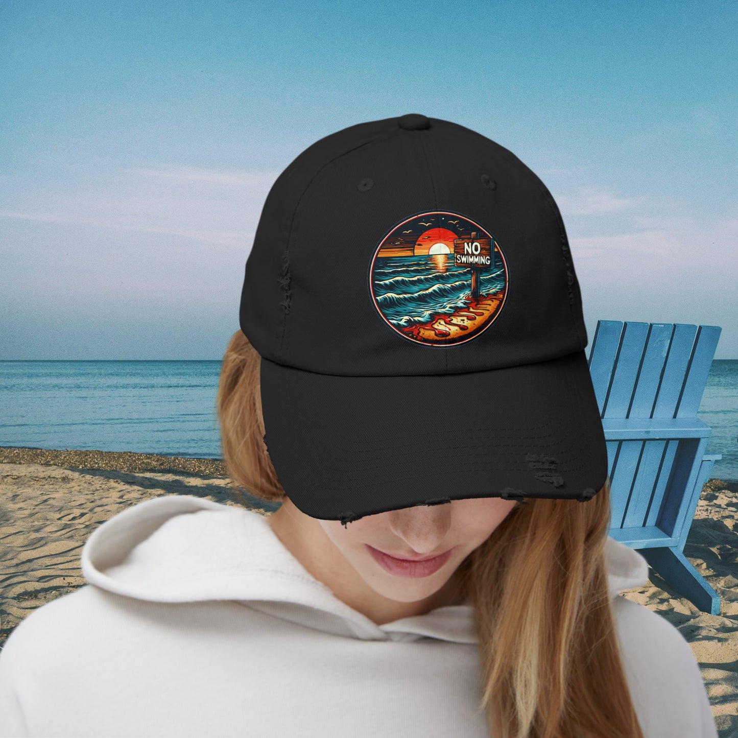 No Swimming Bloody Beach Unisex Distressed Cap Horror Fun Hat Dark Humor