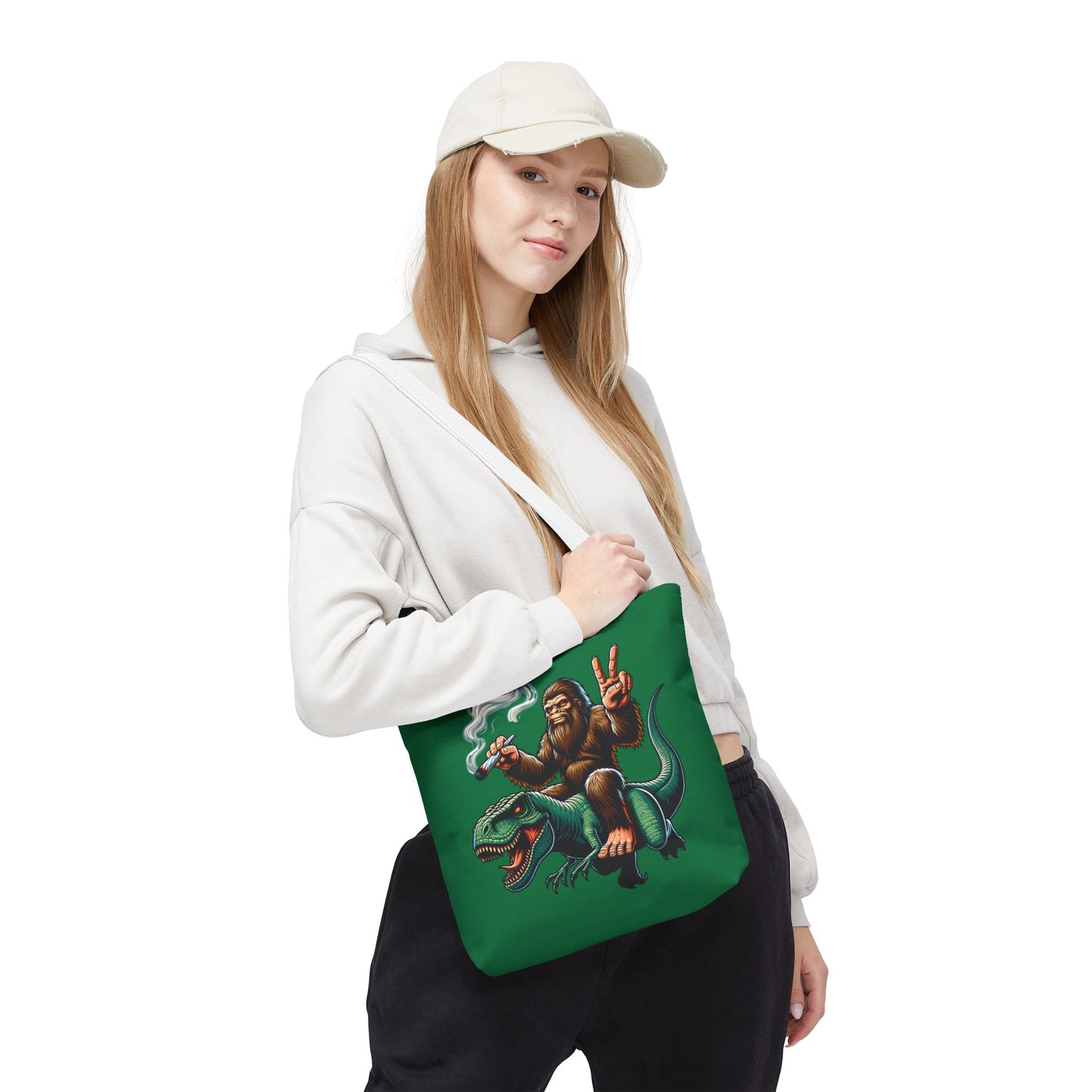 Tote Bag - Bigfoot Riding a T Rex Peace Sign 420 Design