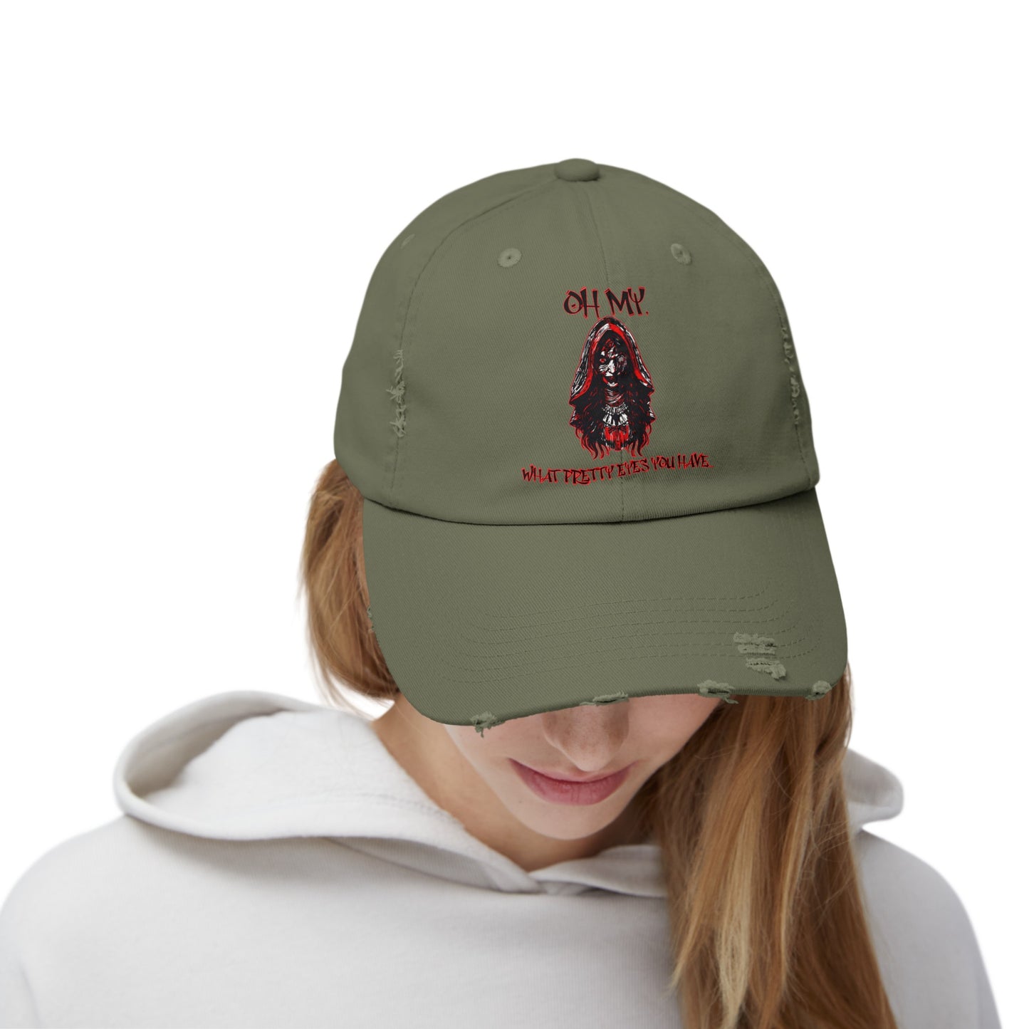 Creepy Little Red Riding Hood Inspired Scary Witch Oh My, What Pretty Eyes You Have Horror Hat Unisex Distressed Cap