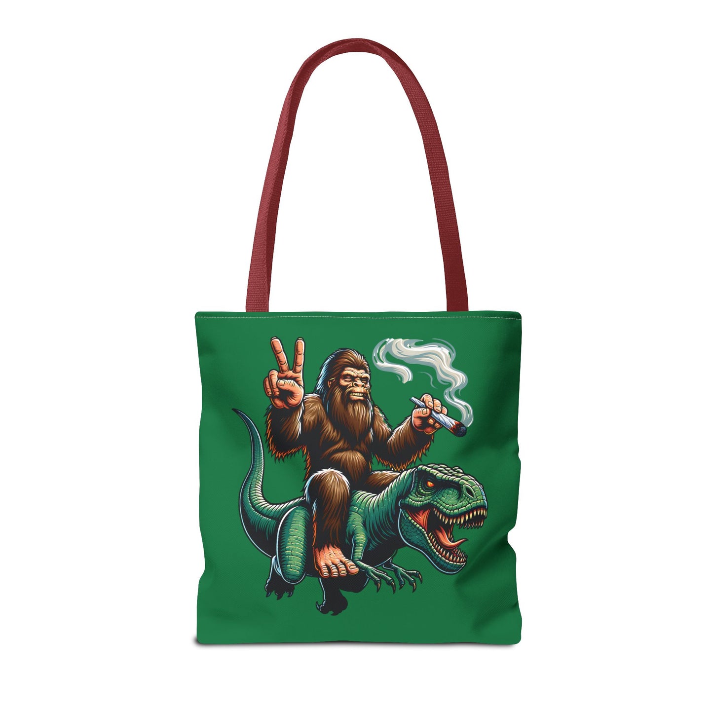 Tote Bag - Bigfoot Riding a T Rex Peace Sign 420 Design