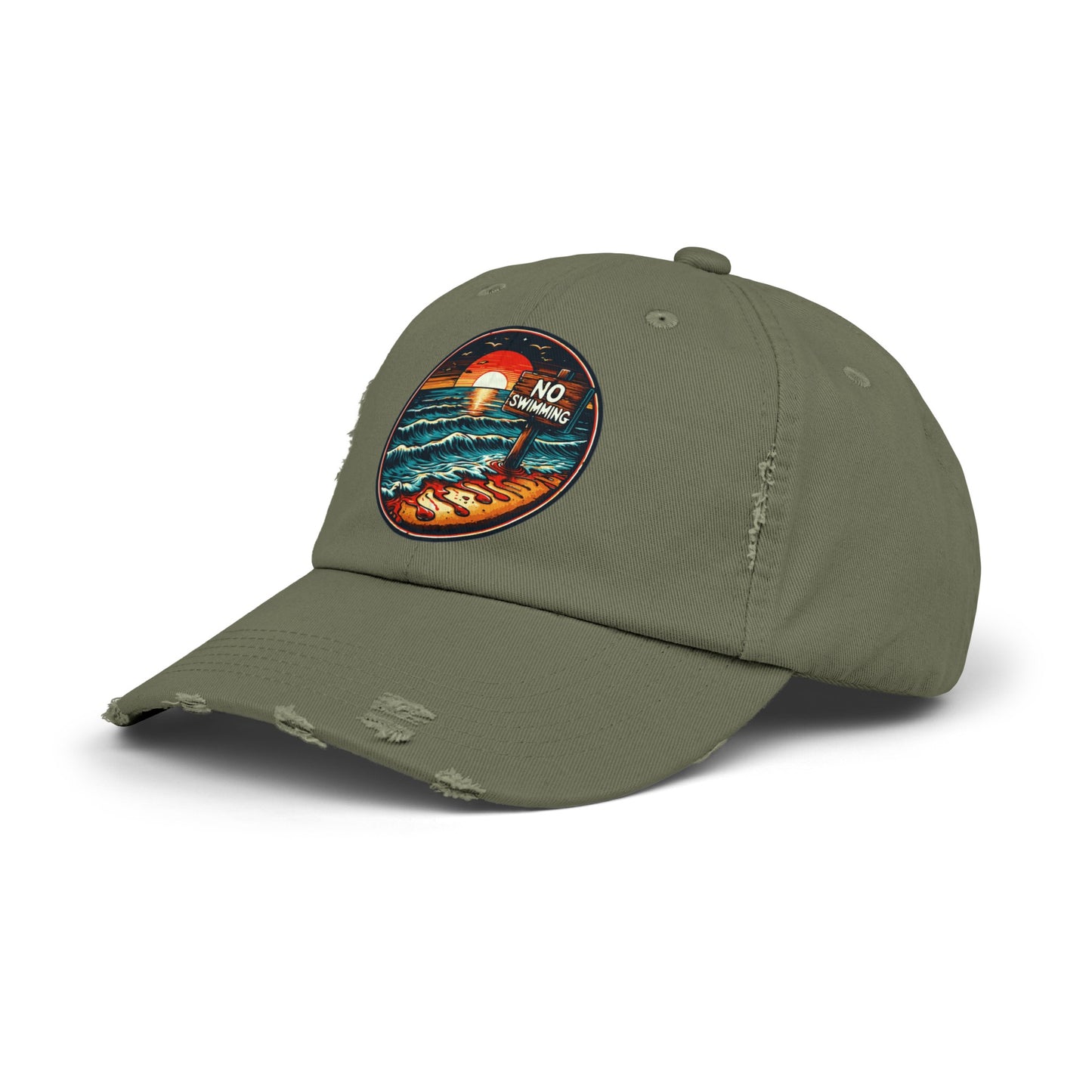 No Swimming Bloody Beach Unisex Distressed Cap Horror Fun Hat Dark Humor