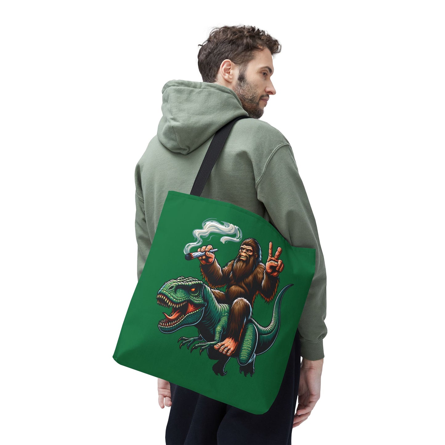 Tote Bag - Bigfoot Riding a T Rex Peace Sign 420 Design