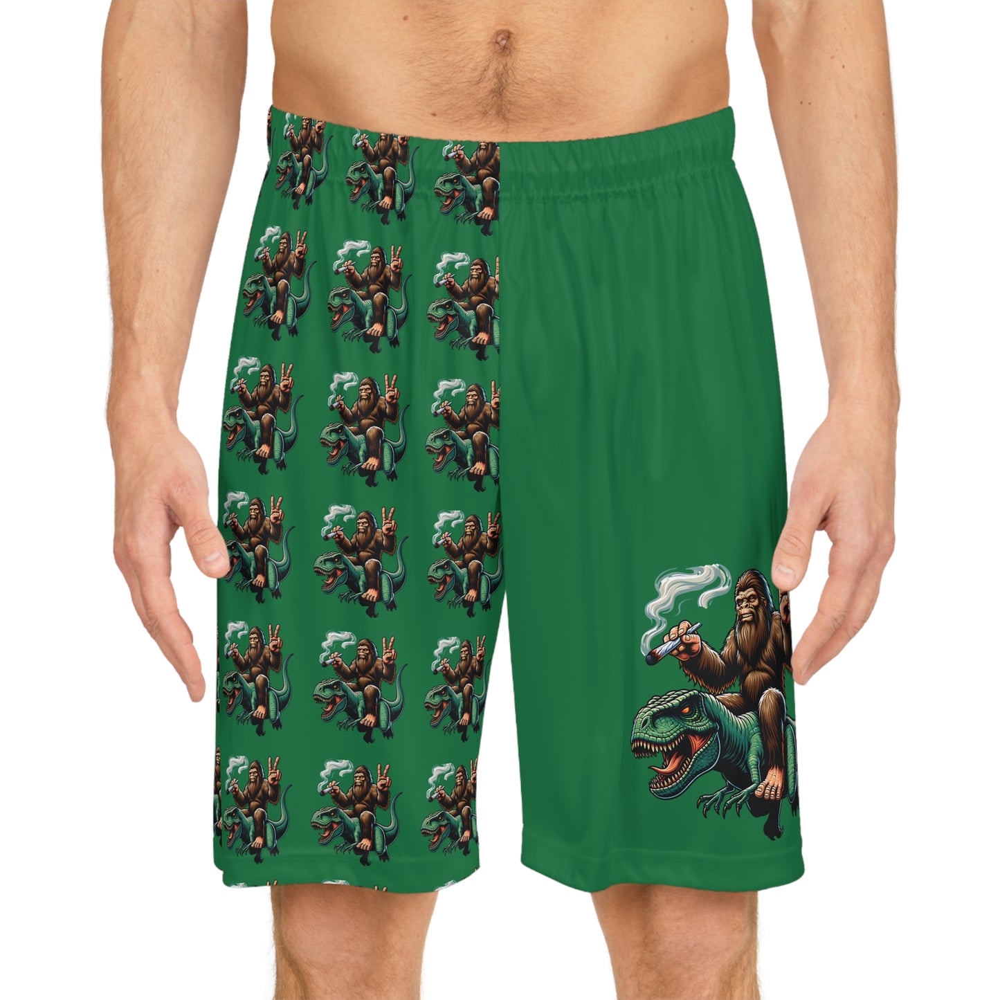 420 Bigfoot Riding T Rex Basketball Shorts