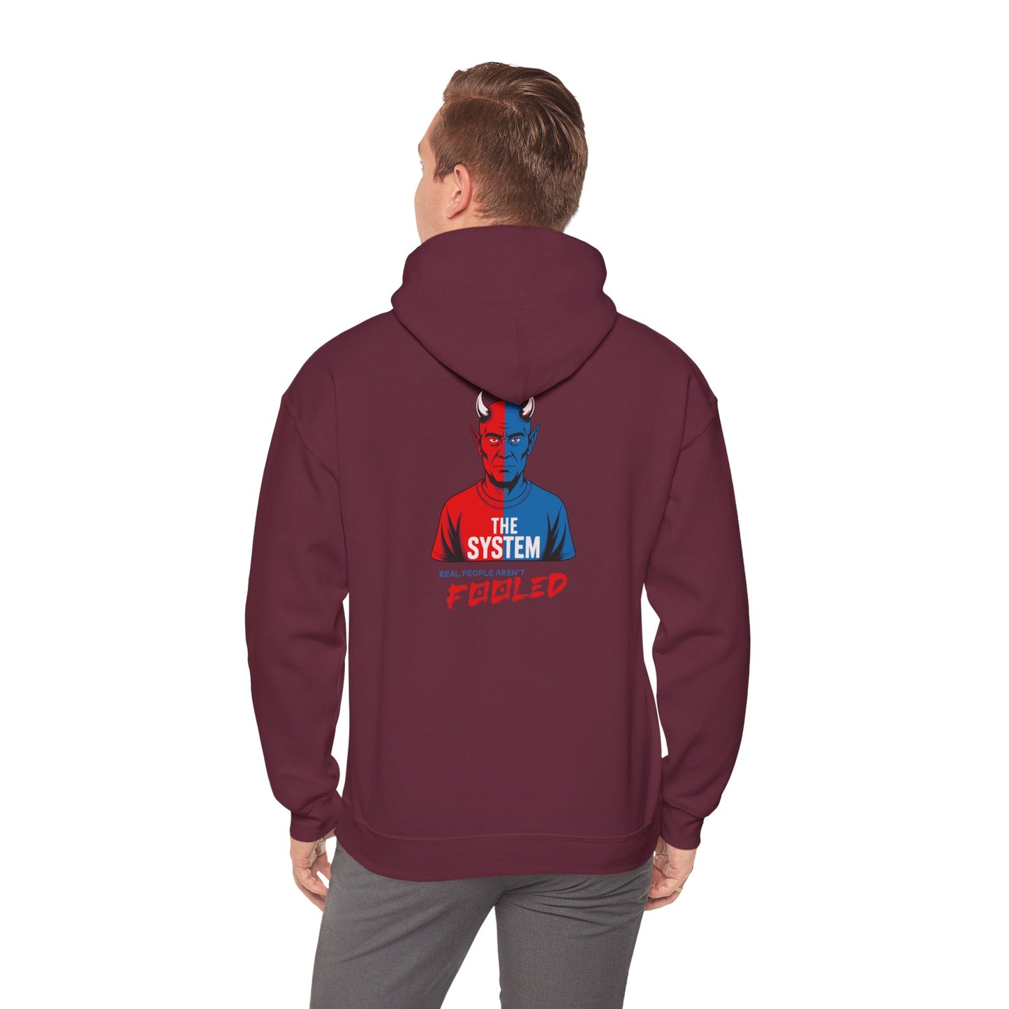 Hooded Sweatshirt - The System - Real People Arent Fooled Red Blue Design