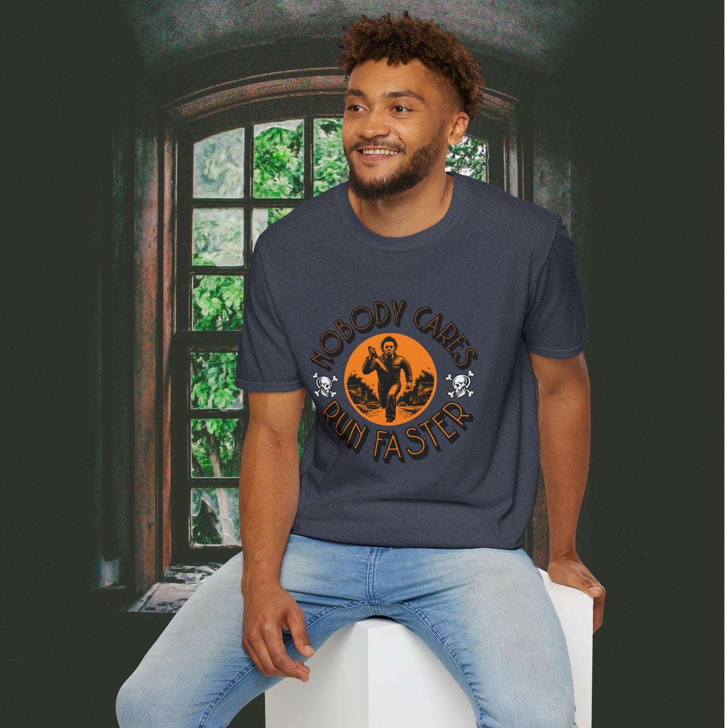 Nobody Cares Run Faster - Michael Running Myers on Halloween Horror Fun with Skulls Shirt - Unisex Softstyle T-Shirt