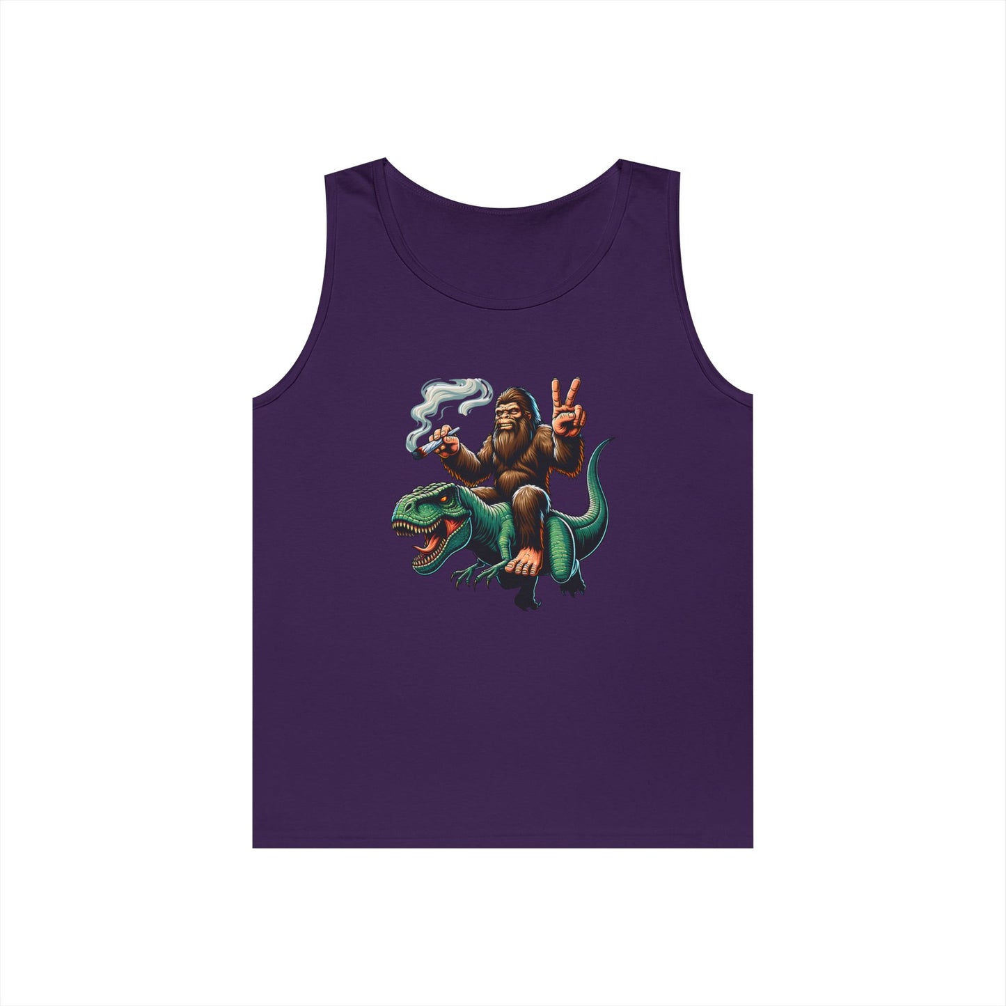 Bigfoot Riding T Rex Tank Top - 420 Peace Sign Design
