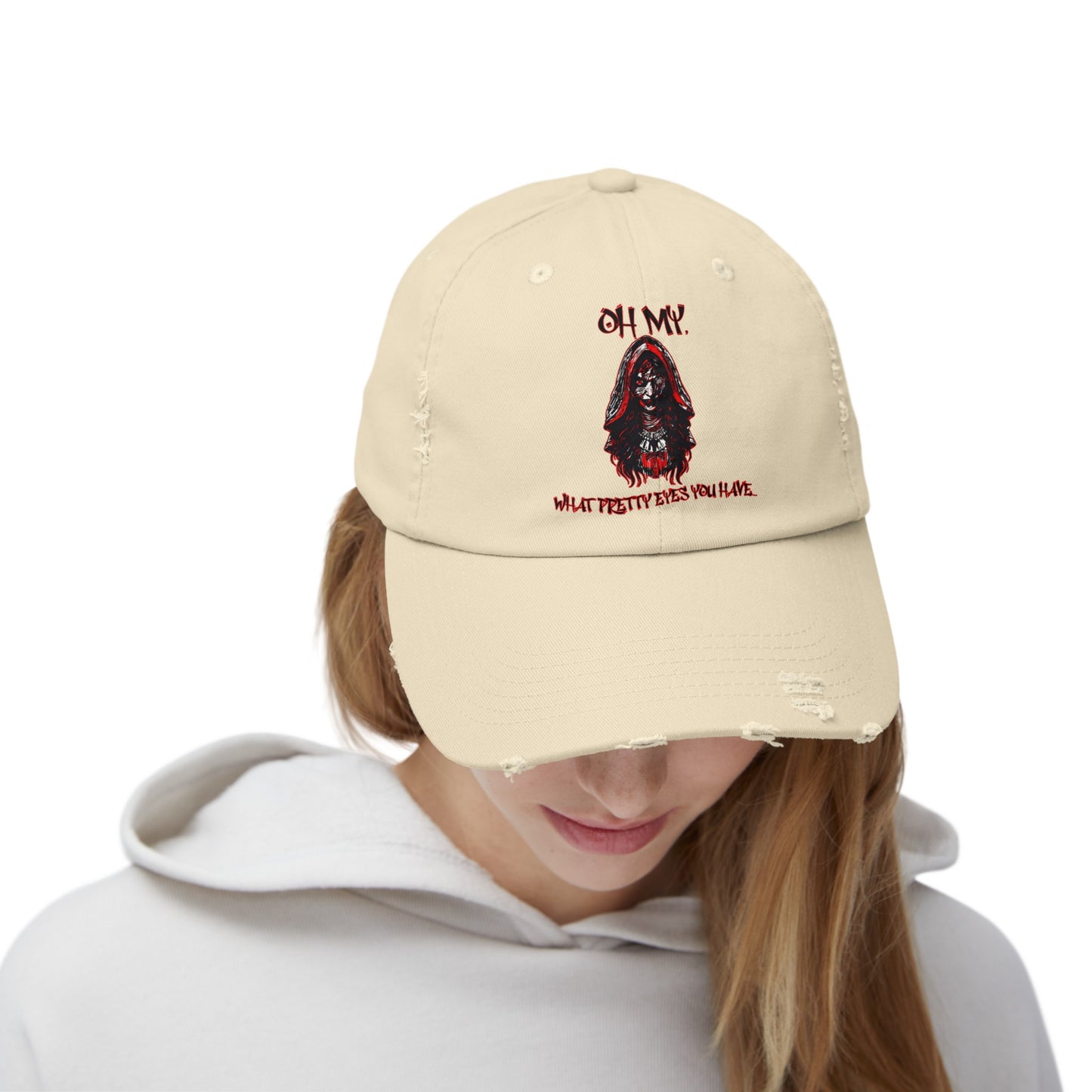 Creepy Little Red Riding Hood Inspired Scary Witch Oh My, What Pretty Eyes You Have Horror Hat Unisex Distressed Cap