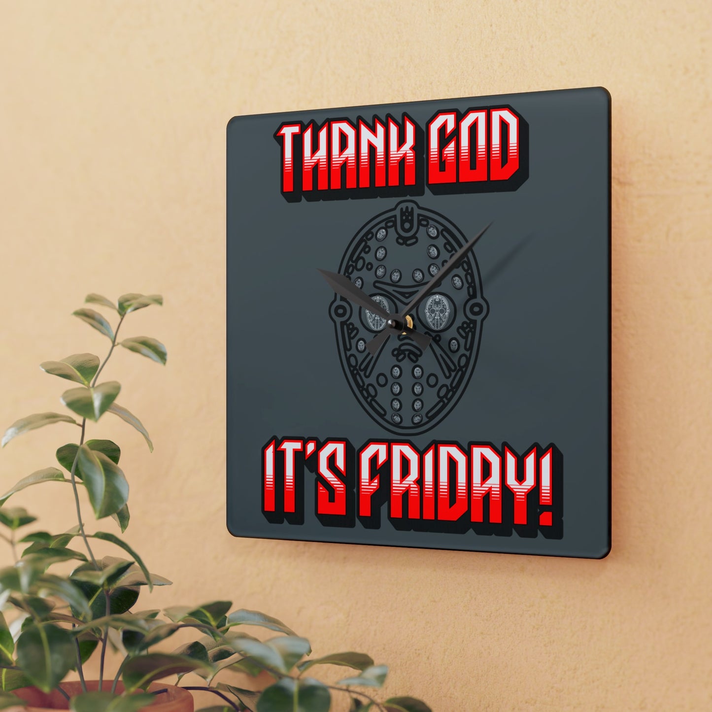 TGIF! Thank God It's Friday Hockey Mask Art Jason Acrylic Square Wall Clock Horror Fun