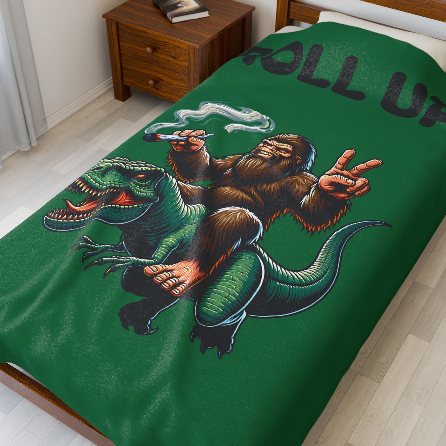 Blanket - Bigfoot Riding T Rex Smoking Joint Peace Sign Design