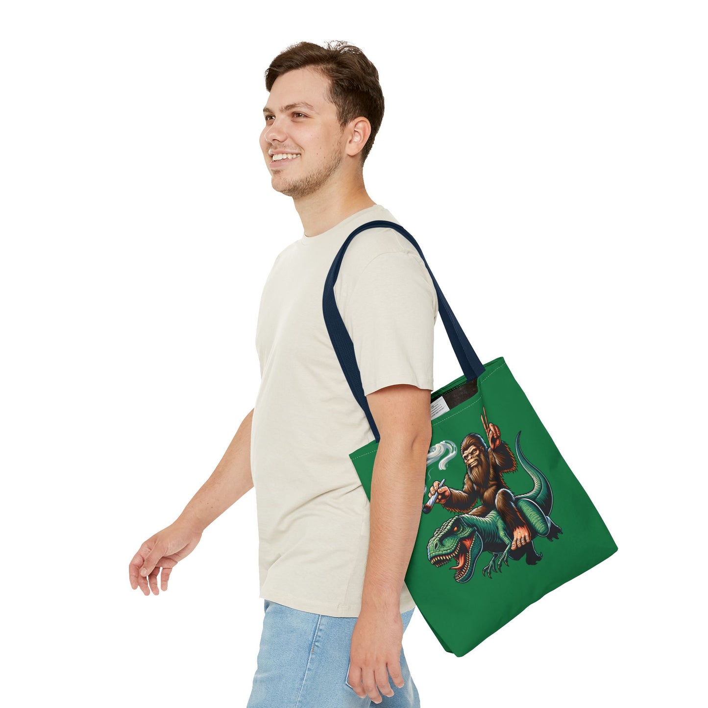 Tote Bag - Bigfoot Riding a T Rex Peace Sign 420 Design