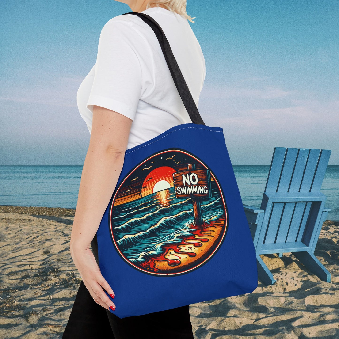 No Swimming Bloody Beach Tote Bag (AOP) Horror Fun Travel Swimming Vacation