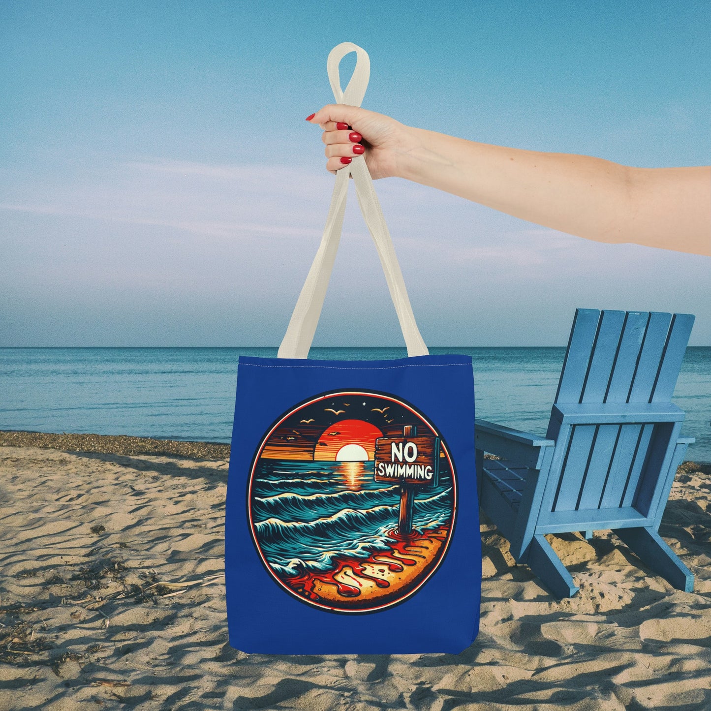 No Swimming Bloody Beach Tote Bag (AOP) Horror Fun Travel Swimming Vacation