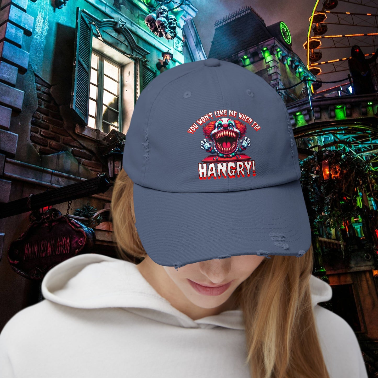 You Wont Like Me When I'm Hangry Killer Clown Unisex Distressed Cap Horror Hat