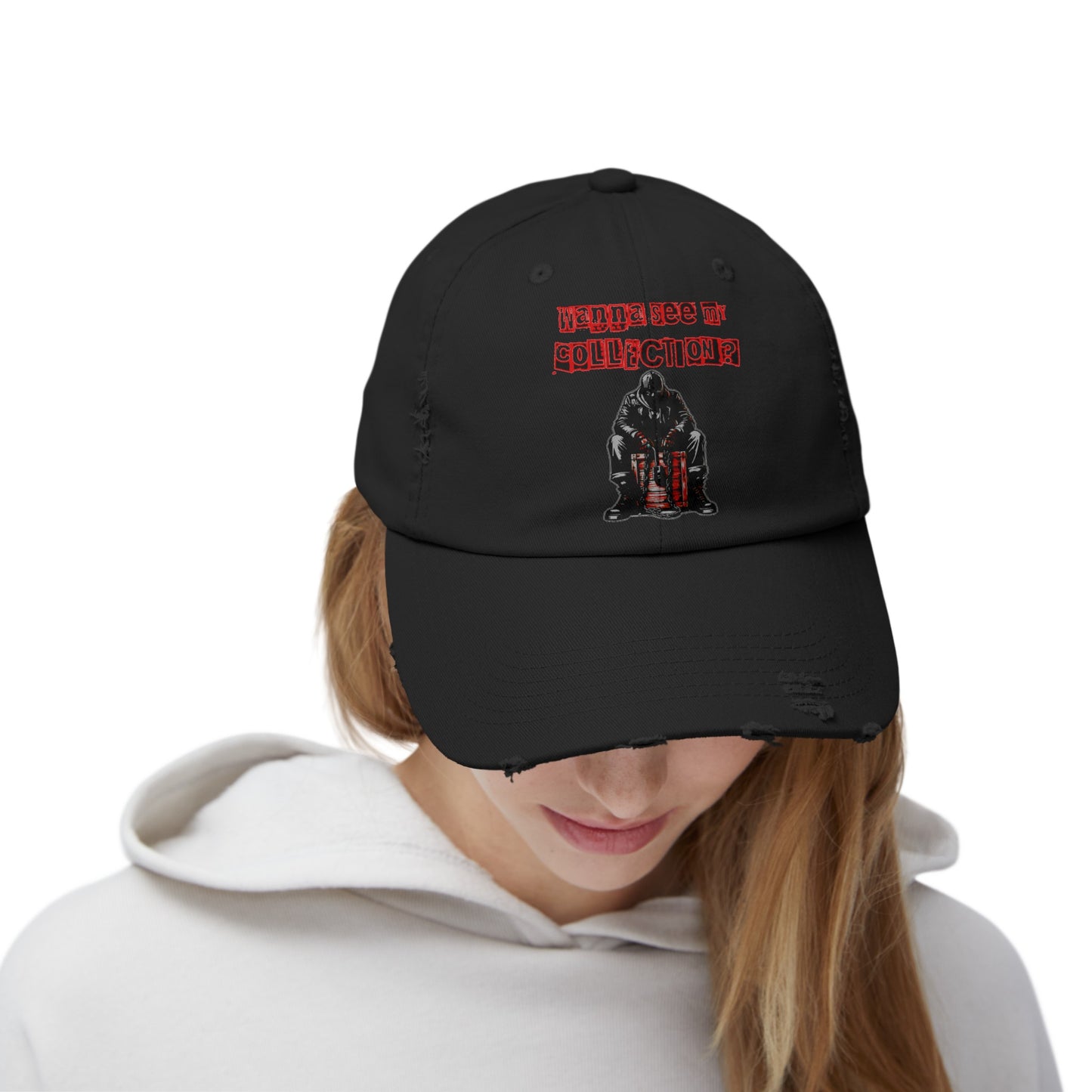 The Collector Inspired Wanna See My Collection Horror Movie Fun Collectors Hat Unisex Distressed Cap